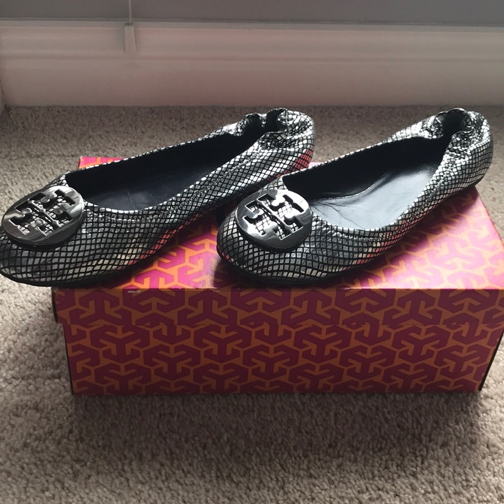 Tory Burch Reva Metal Logo Mirror Snake Flats
